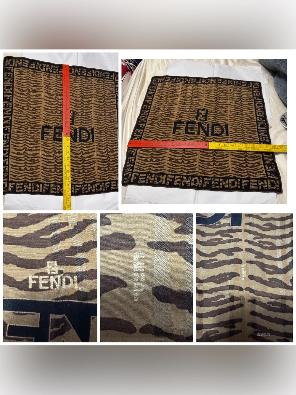 Fendi AUTHENTIC Vintage Logo FF Monogram Brown Black Zebra Small Scarf - Picture 14 of 16